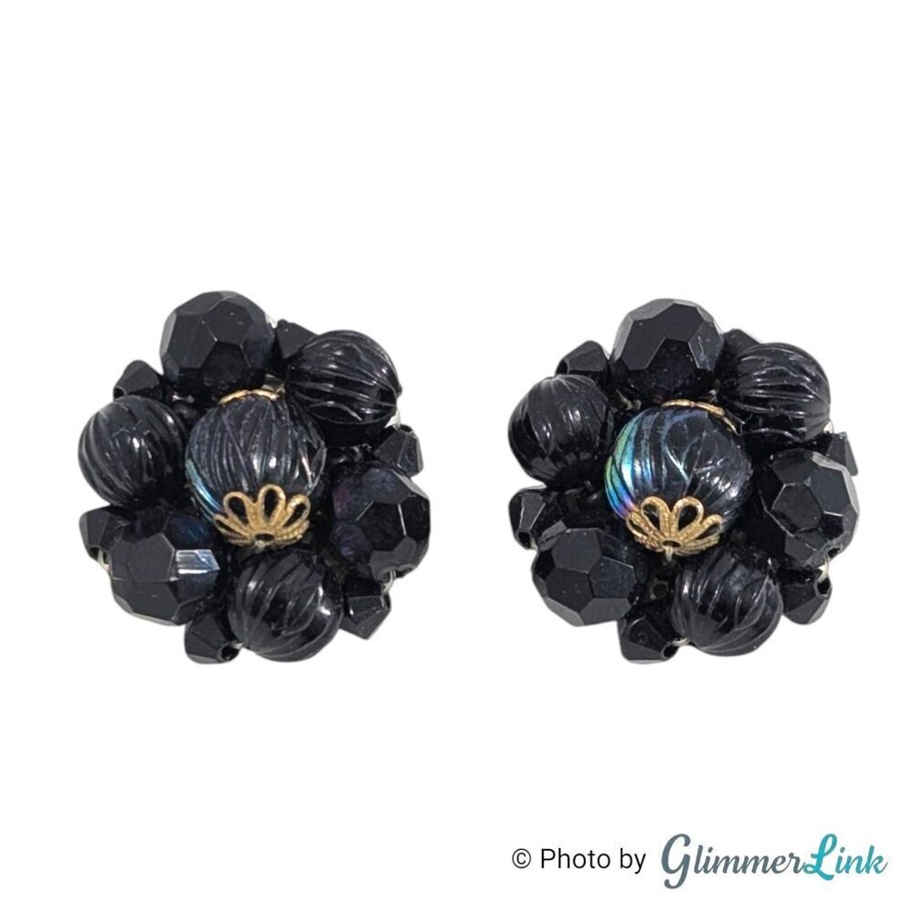 Vintage 50's Western Germany Black Beaded Cluster Mourning Clip On Earrings